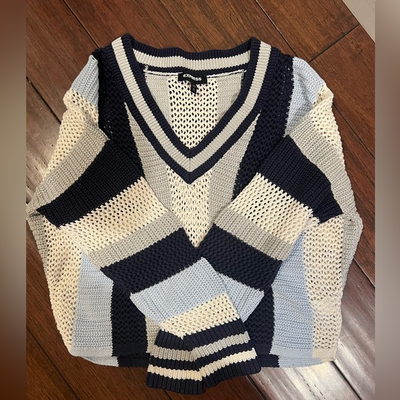 Express Woman’s Varsity V-Neck Sweater. White and blue. Size small. - Picture 3 of 6